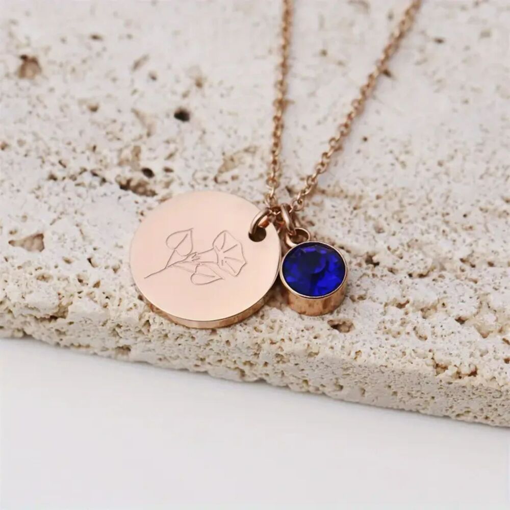 "September" Birth Flower & Glass Gem Pendant Necklace –Sapphire-Inspired Sparkle - Picture 1 of 5